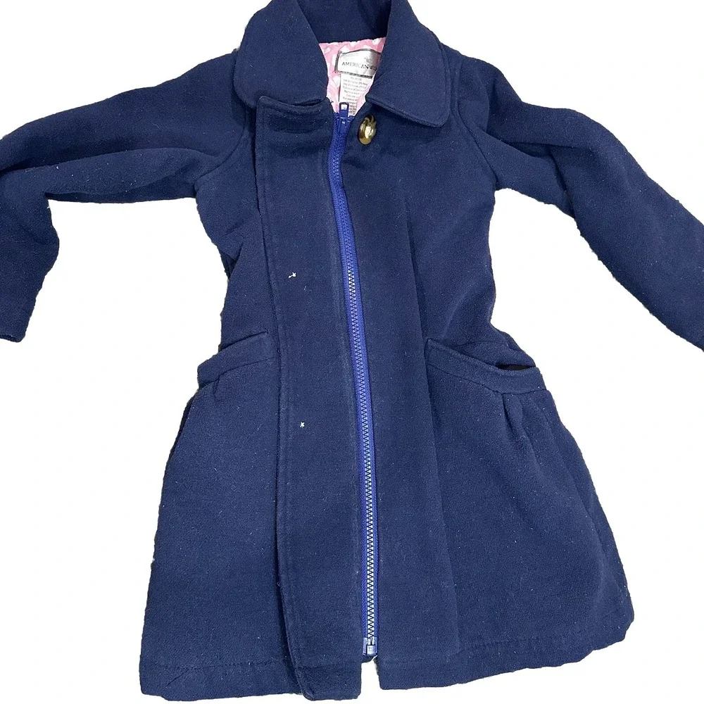 Pea Coat Girls Size 5 Navy Pink‎ Polka Dot Zip Up double Breasted trenchcoat